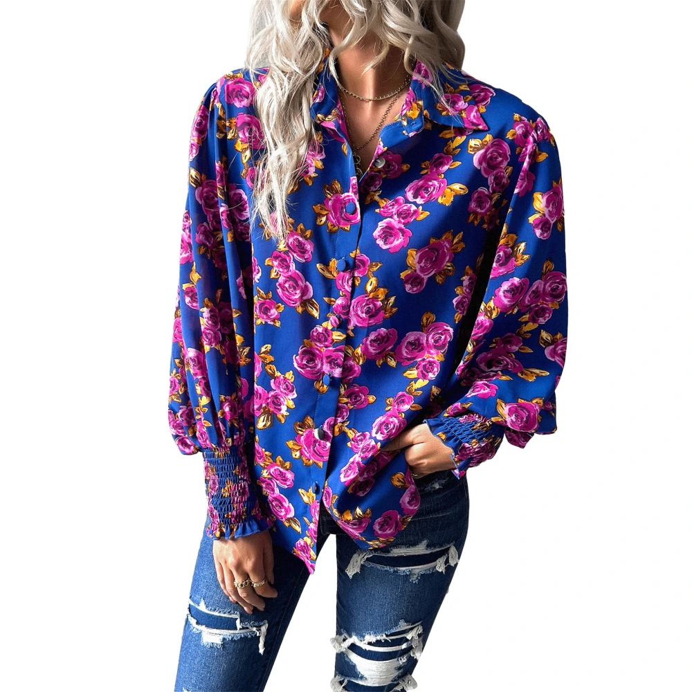 Women Turn Down Collar Shirt Shirred Cuff Long Puff Sleeves Single Breasted Casual Loose Fit Printing Blouse Blue XL