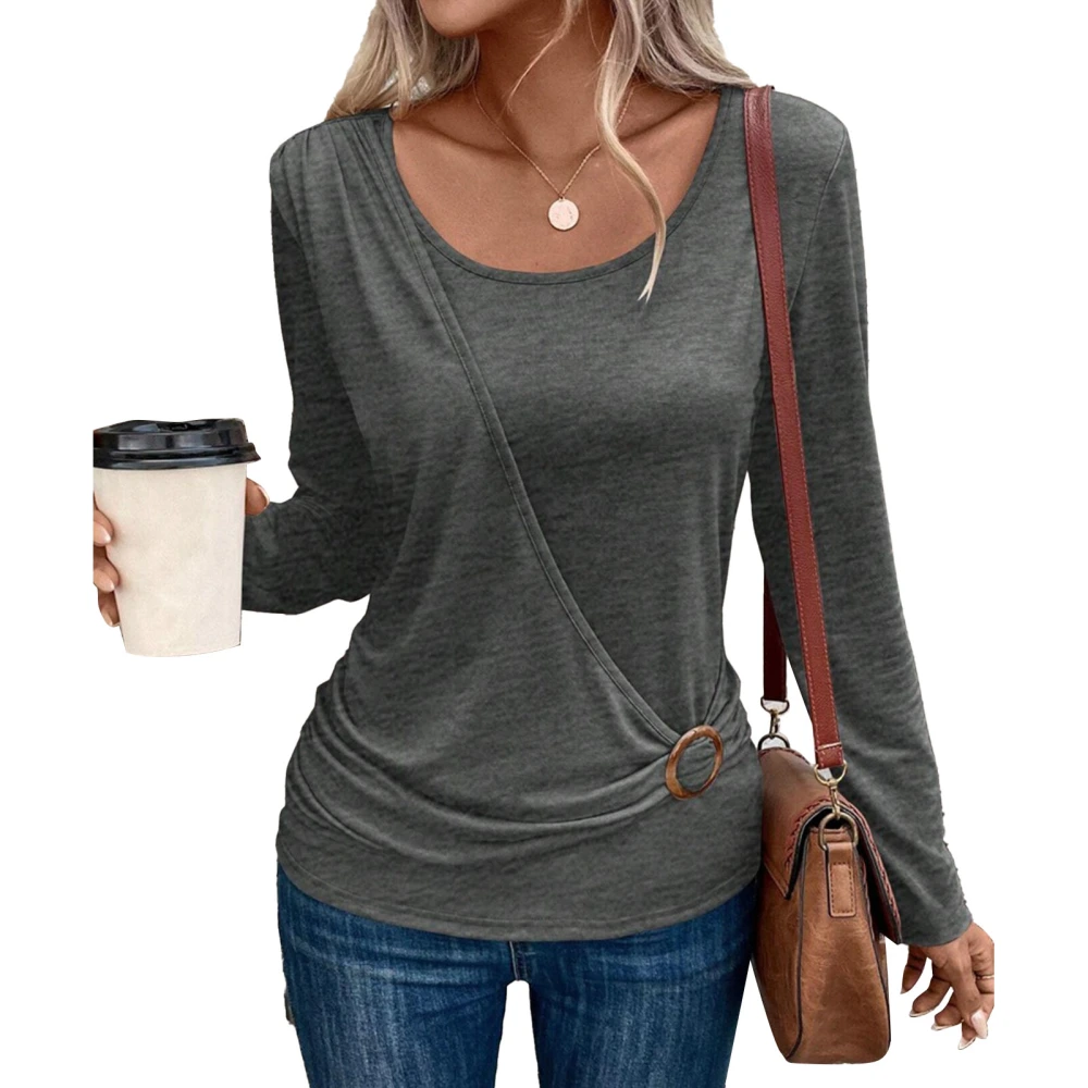 Women Blouse Long Sleeves Crew Neck Buckle Decor Shirred Deisgn Pure Color Women Shirt Pullover for Office Travel Grey S