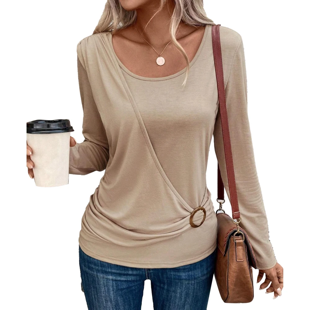 Women Blouse Long Sleeves Crew Neck Buckle Decor Shirred Deisgn Pure Color Women Shirt Pullover for Office Travel Apricot XXL