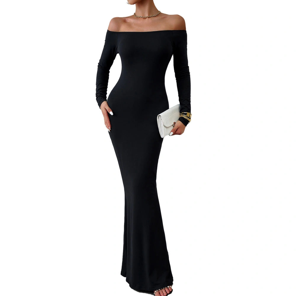 Women Off Shoulder Bodycon Maxi Dress Long Sleeve Elegant Fishtail Hem Slim Fit Midi Dress Black M