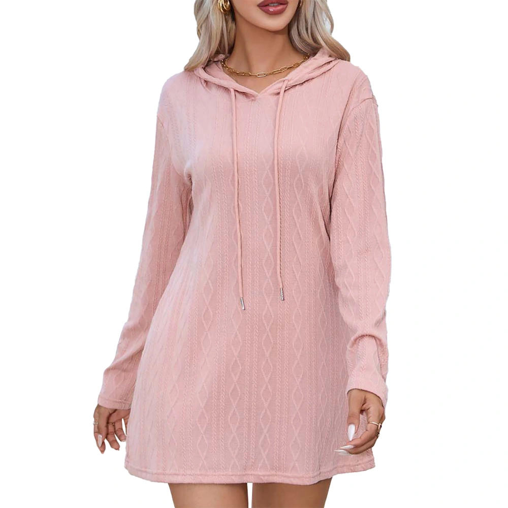 Hooded Dress Drawstring Pure Color Long Sleeves Loose Fit One Piece Dress for Party Travel Pink M