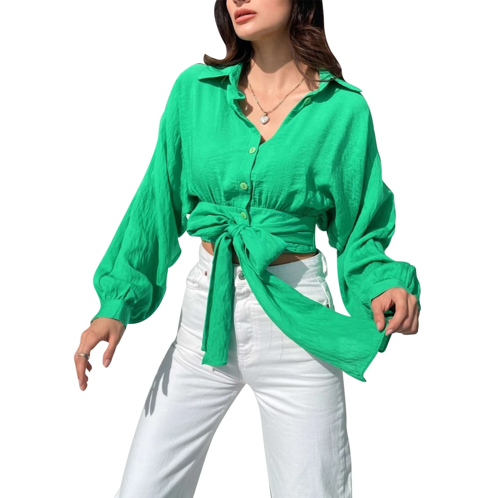 Women Top Long Bat Sleeves Waist Tie Pure Color Button Down Midriff Blouse for Outdoor Travel Green M