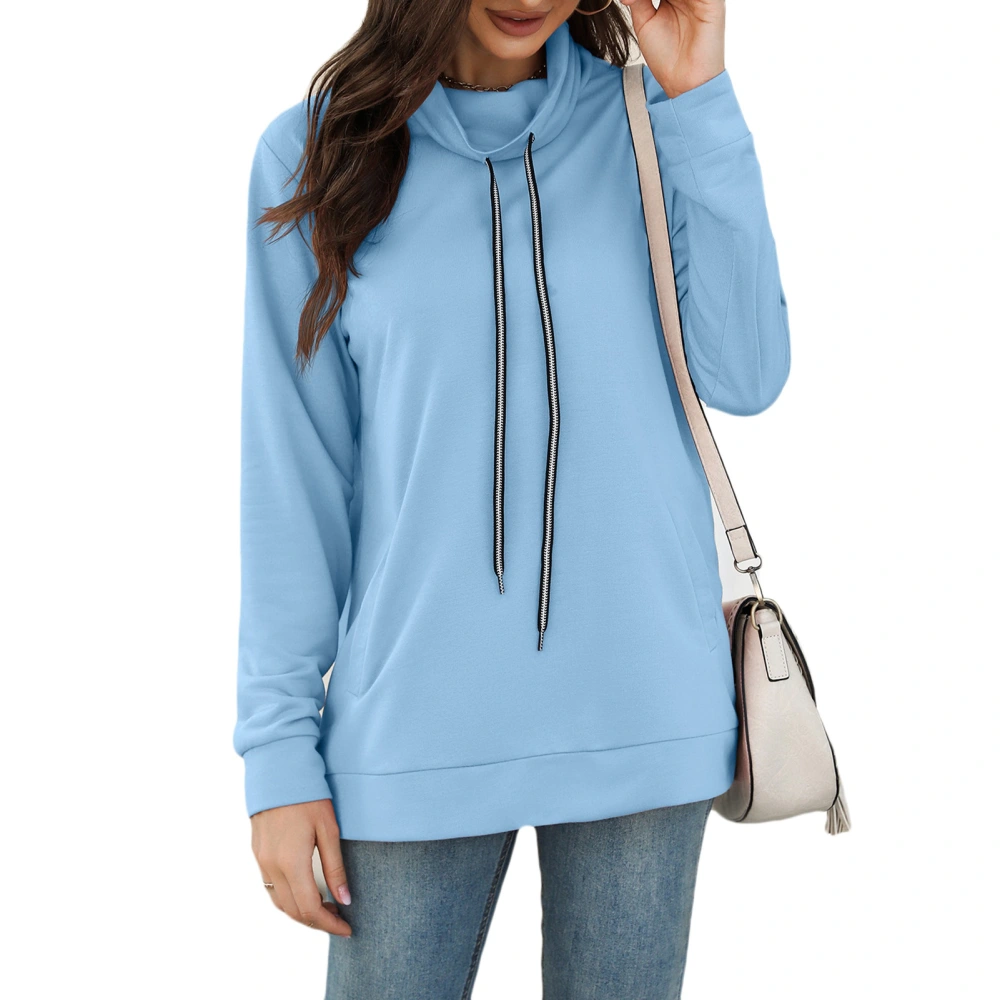 Long Sleeve Pullover Women Top Drawstring High Neck Side Pockets Casual Loose Sweatshirt for Party Shopping Blue XL