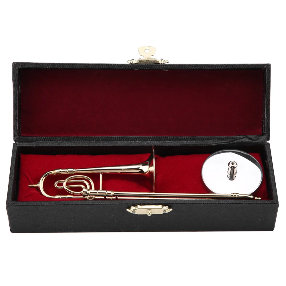 Miniature Trombone Replica with Stand and Case Gold Plated Instrument Model Musical Ornaments