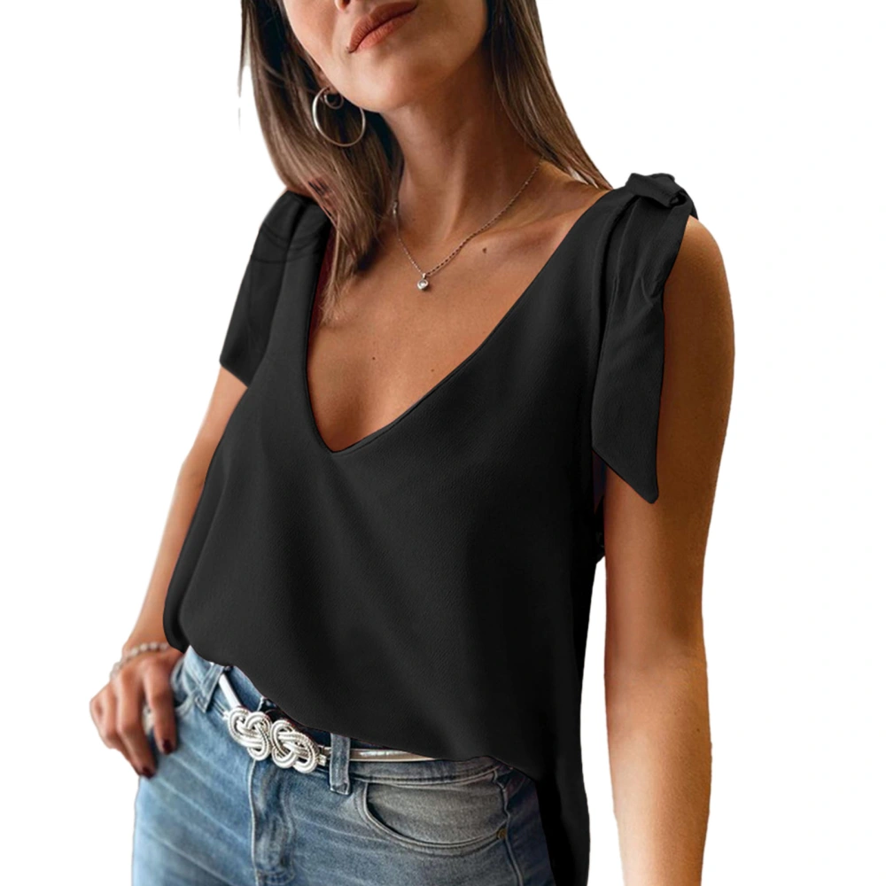 Tie Strap Top V Neck Backless Loose Fit Casual Women Sleeveless Blouse for Party Shopping Daily Black XL