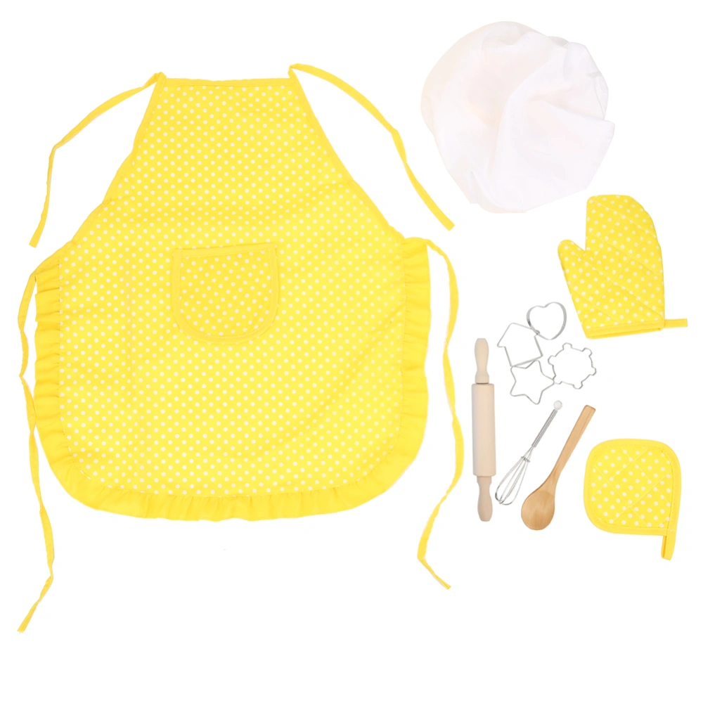 11pcs Role Play Set Kitchen Costume Apron Chef Hat Oven Mitt Cookie Cutters Cake Baking Kit for 3+ Children(Yellow )