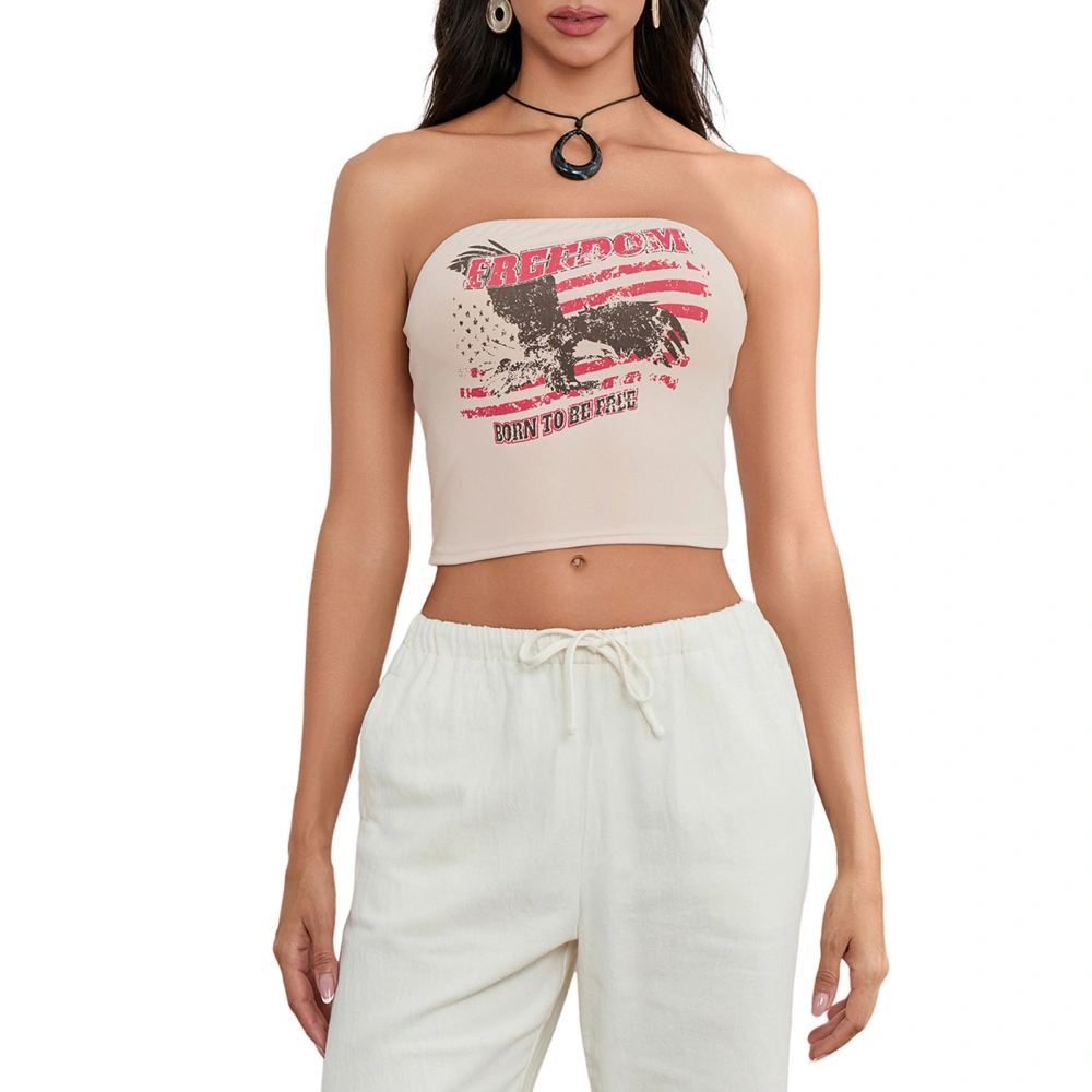 Women Off Shoulder Tube Tops Letter Fruit/Letter Eagle Print Bandeau