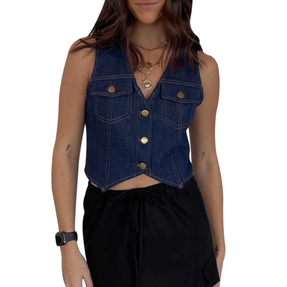 Women's Summer Jean Vest Sleeveless Button Down Denim Vest Tank Tops