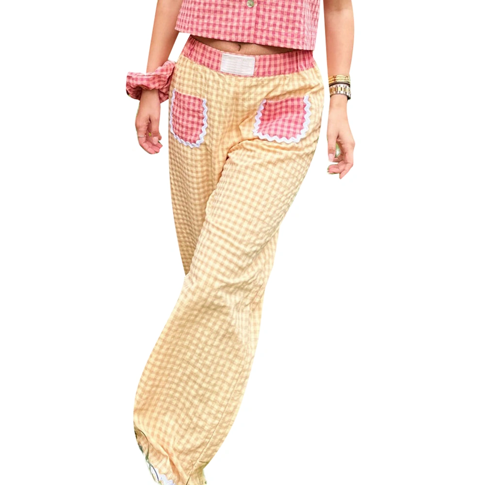 Women Baggy Pants Elastic Waistband Loose Plaid Lounge Pants  