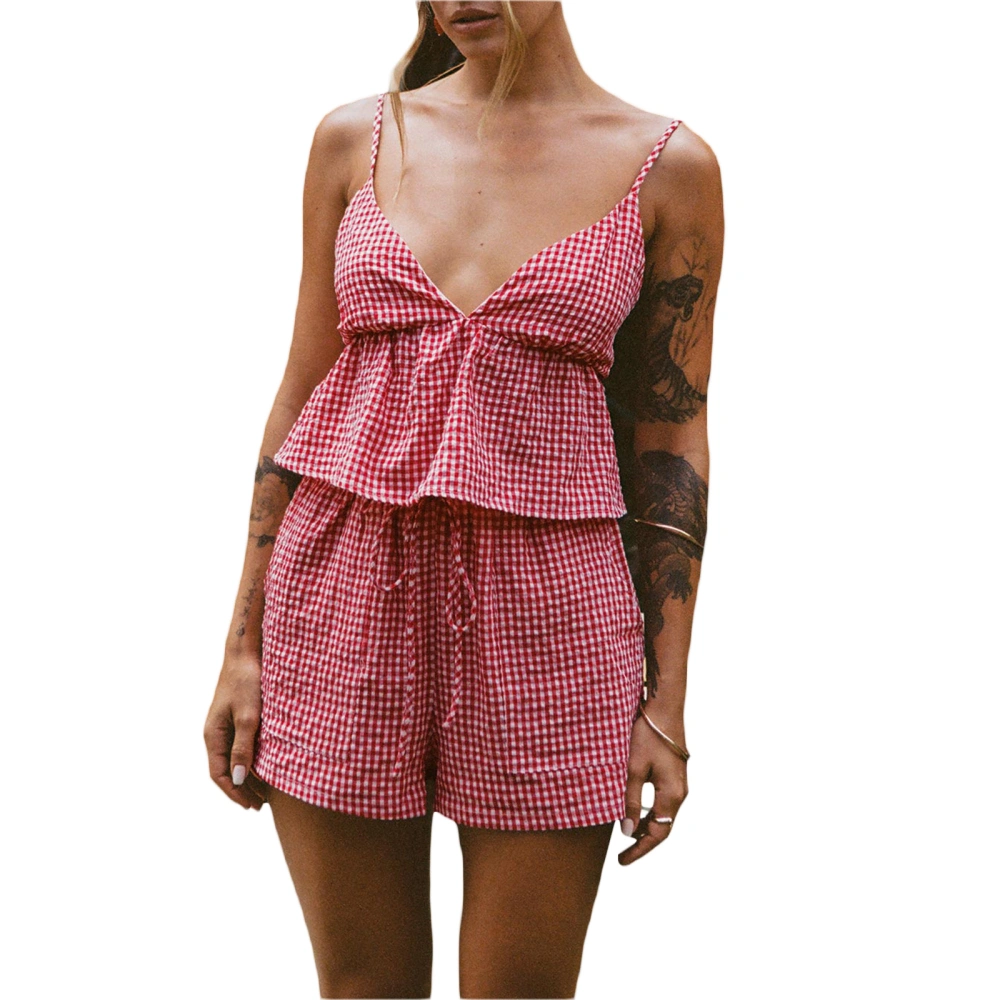 Women Shorts Set, Plaid V-neck Backless Camisole with Shorts