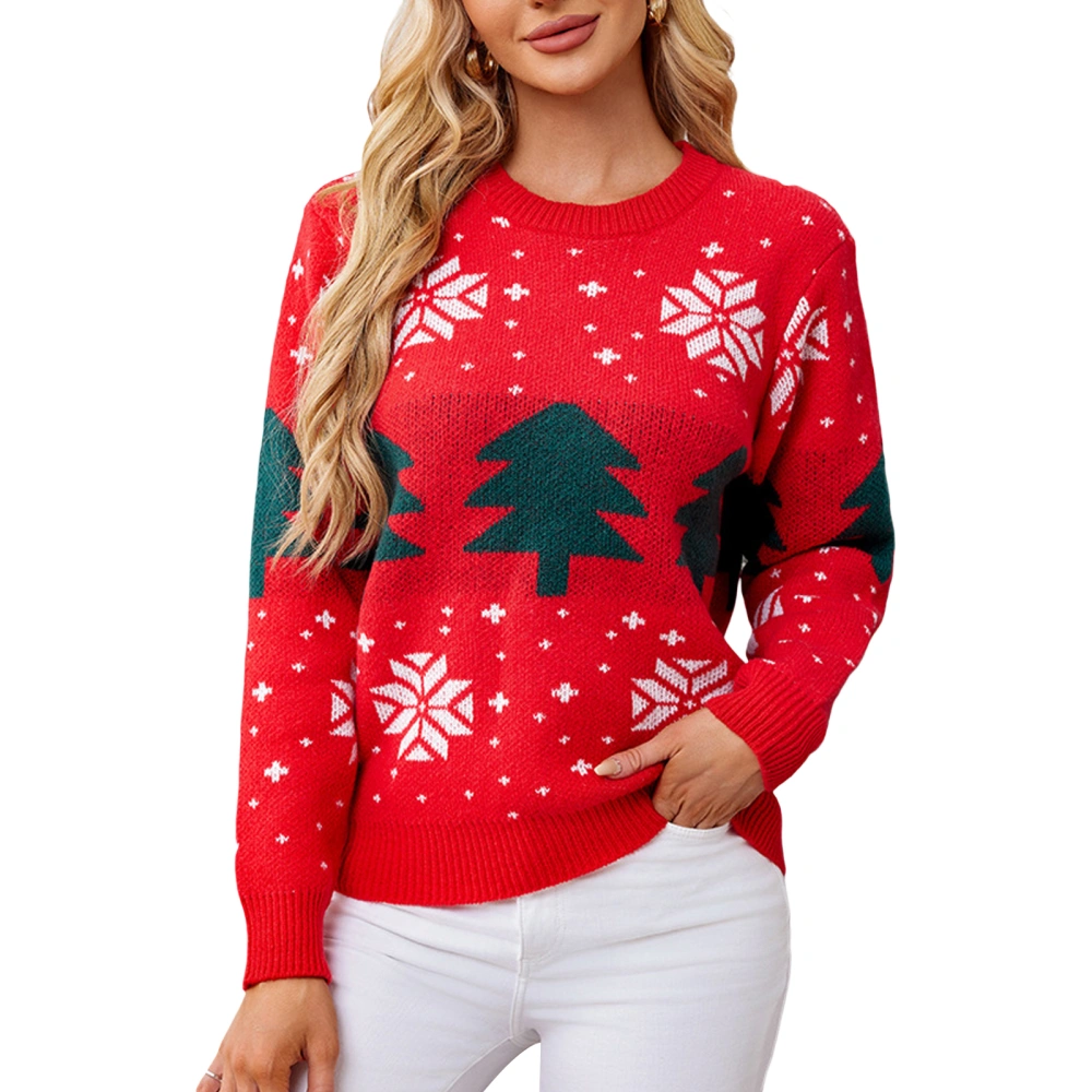 Women's Christmas Sweaters Long Sleeve Snowflake Tree Print Knit Tops