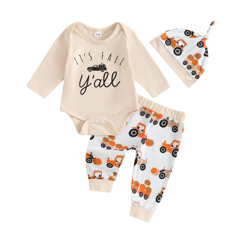 Boys 3PCS Outfit Long Sleeve Romper Tractor Print Pants Hat Sets