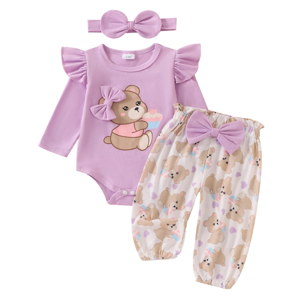 Baby Girl Fall Outfit, Printed Romper Elastic Waist Pants Bow Headband