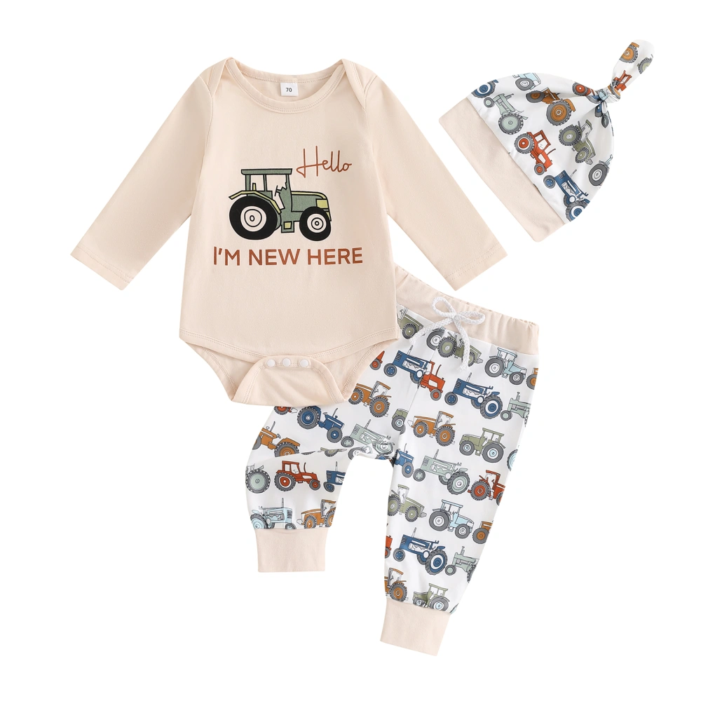 Baby Boys 3Pcs Fall Outfits Romper + Tractor Print Pants + Hat Set