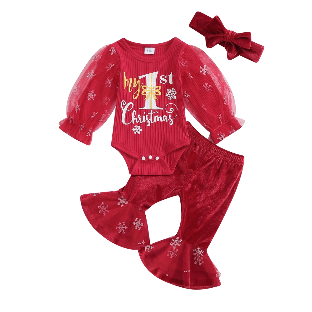 Baby Girl Christmas Outfit, Printed Romper Flare Pants Headband