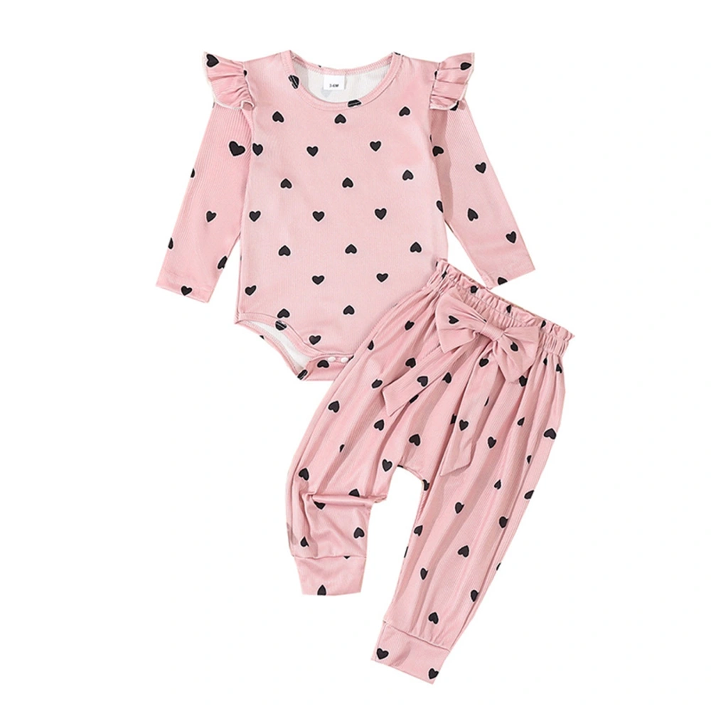 Baby Girl Fall Outfit Heart Print Long Sleeve Romper Bow Pants 