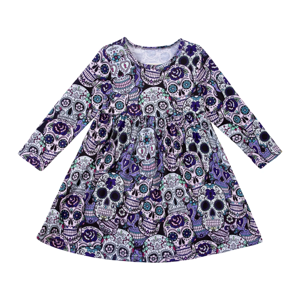 Kids Girl Long Sleeve Dress Halloween Pumpkin/Skull Print A-Line Dress