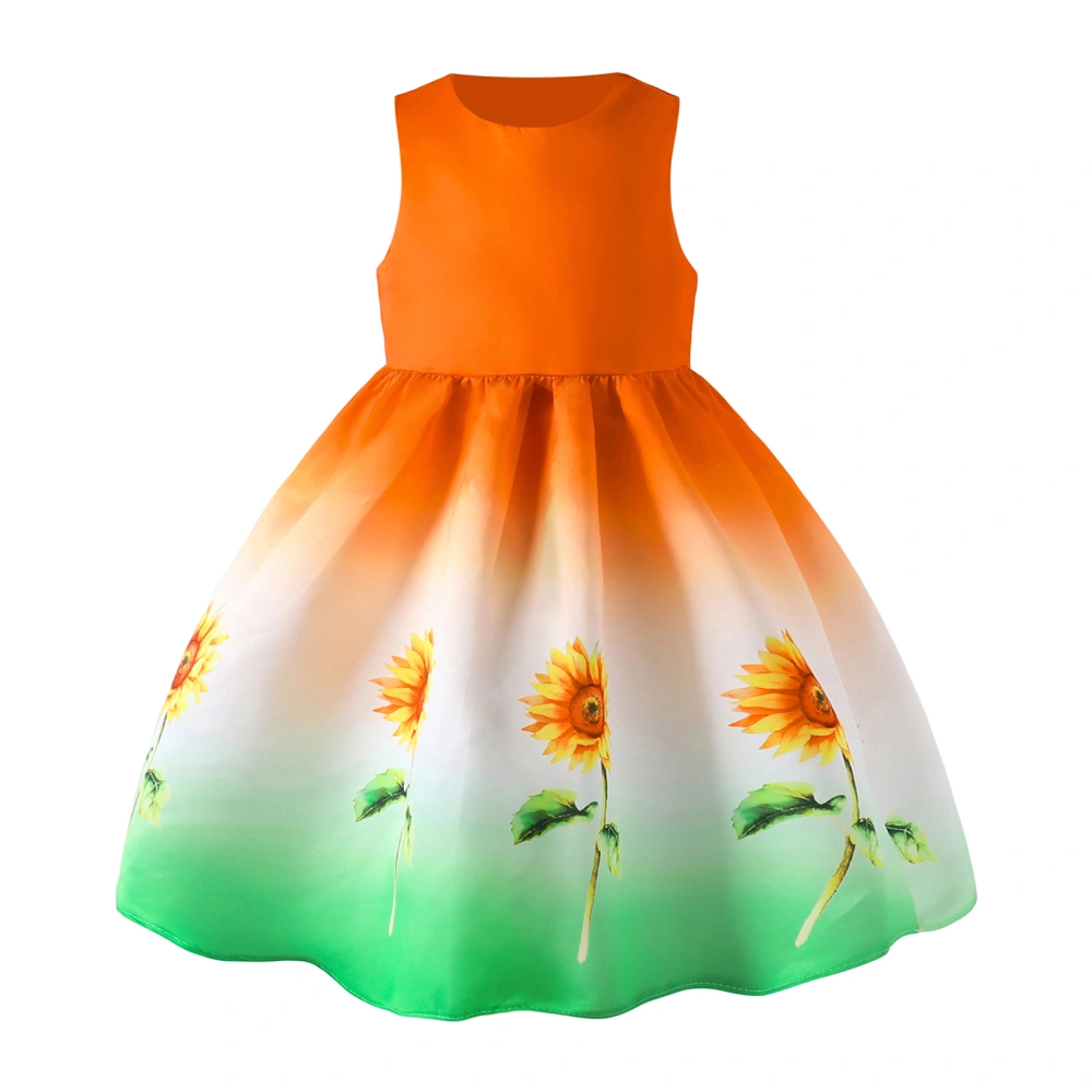 Kids Girl Summer Dress Sleeveless Round Neck Sunflower Print Dress