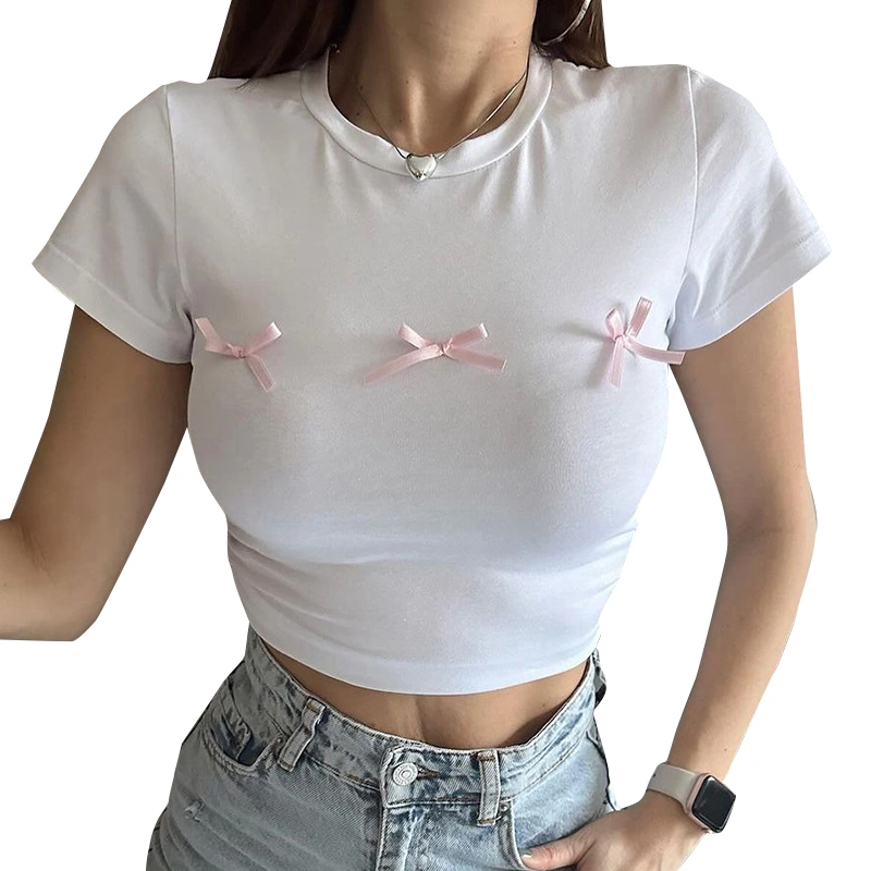 Women's Ruched Crop Tops Short Sleeve Crew Neck Bow Front T-Shirts