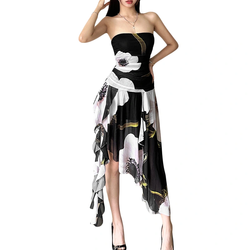 Women's Strapless Long Dress Sleeveless Floral Asymmetrical Dress