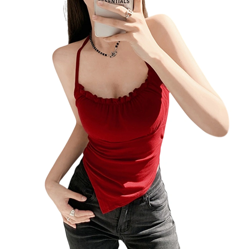 Women Tank Tops Solid Color Halter Neck Irregular Hem Casual Vests