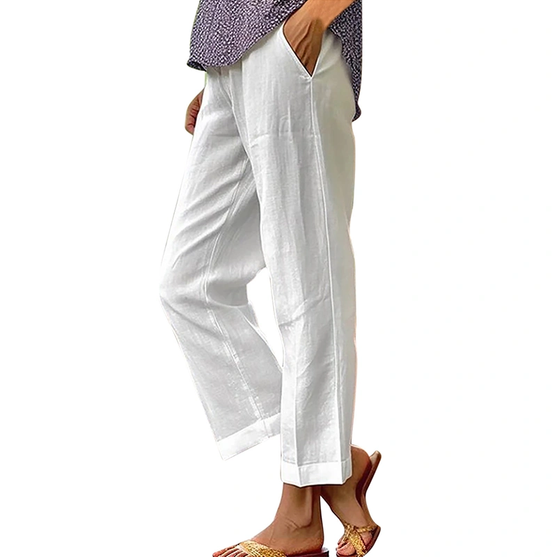 Women's Summer Wide Leg Pants Elastic Waist Solid Color Linen Pants