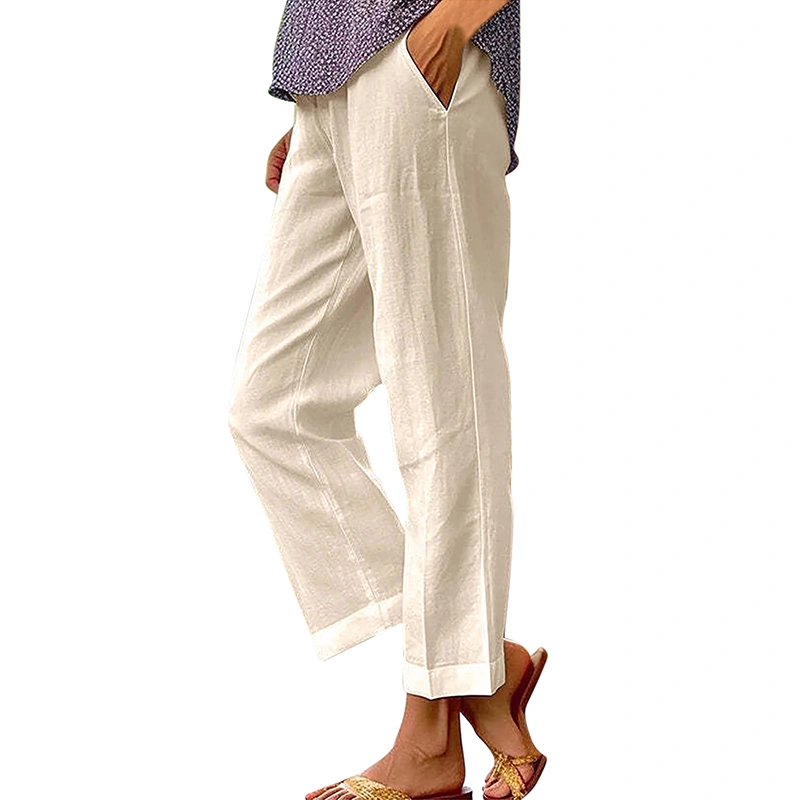 Women's Summer Wide Leg Pants Elastic Waist Solid Color Linen Pants
