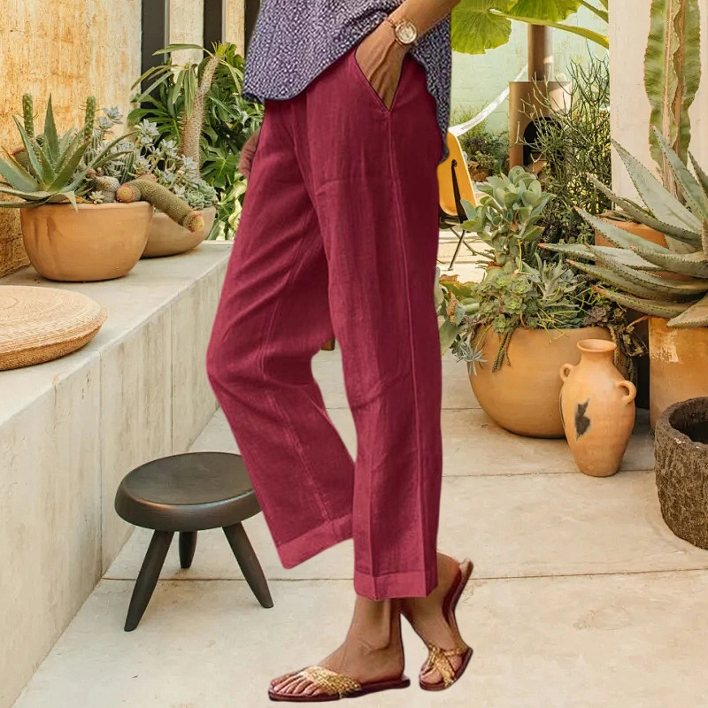 Women's Summer Wide Leg Pants Elastic Waist Solid Color Linen Pants