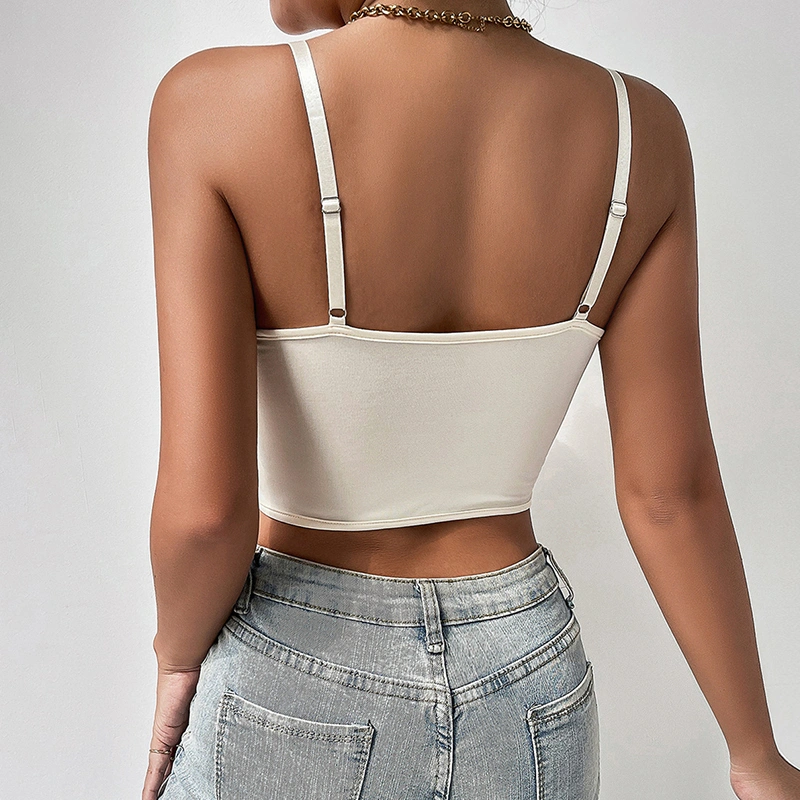 Women Bustier Bow Lace Spaghetti Strap Curved Hem Crop Tank Tops