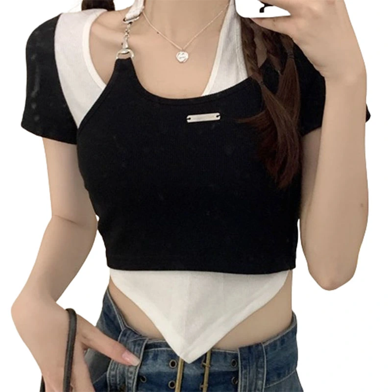 Womens Asymmetrical Tops Slim Fake Two-Piece Halter Neck Crop T-Shirt