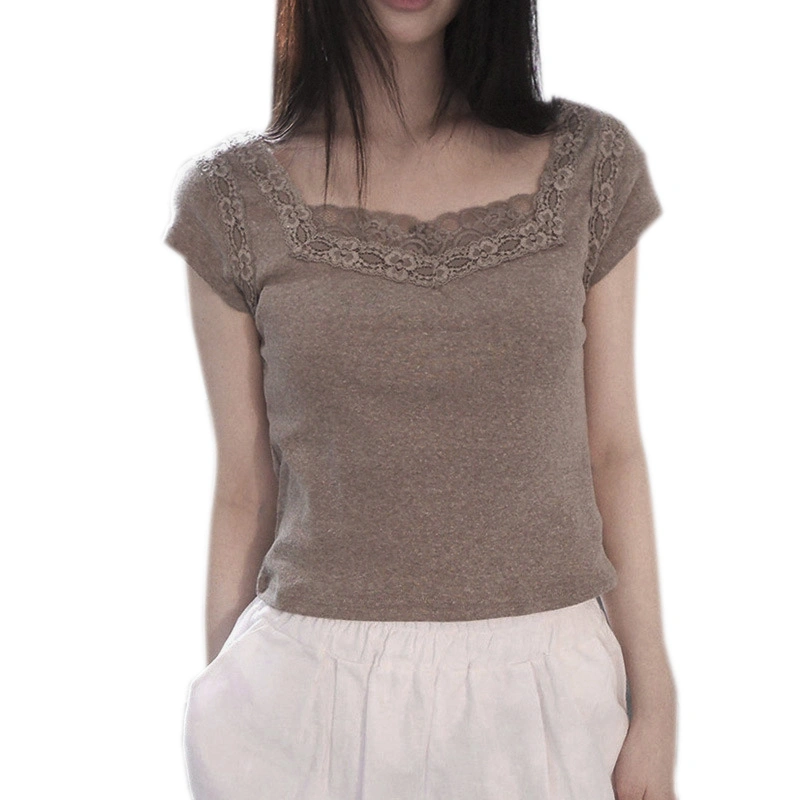 Women T-shirt, Elegant Short Sleeve Summer Lace Trim Tops Streetwear