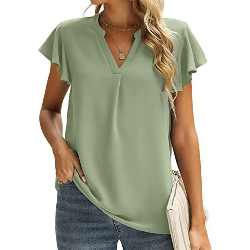 Women T-shirt, Elegant Short Sleeve V-neck Solid Summer Tops