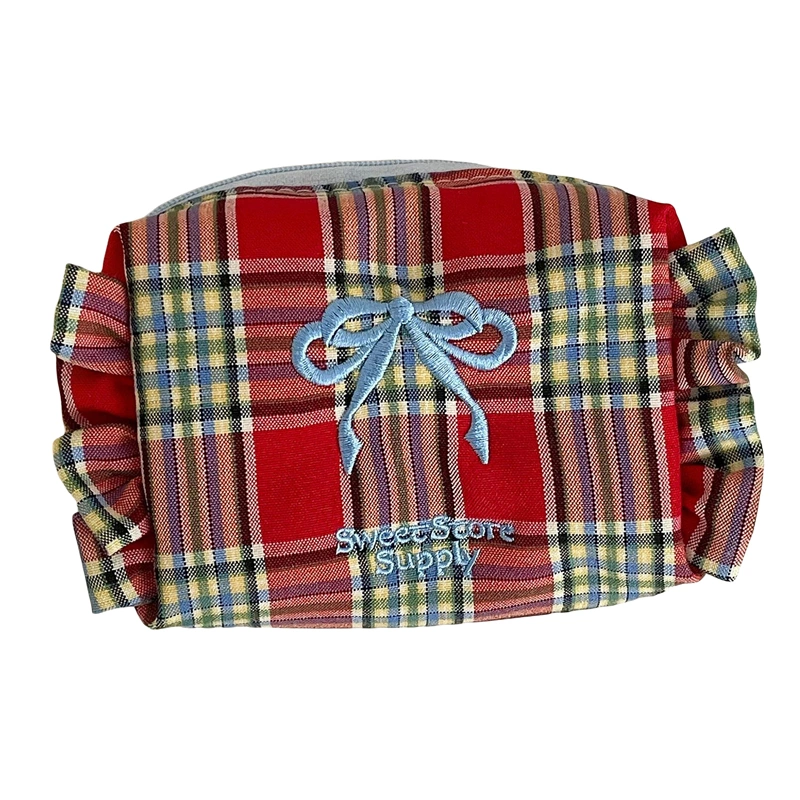 Makeup Pouch Purse Bow Embroidery Plaid Zipper Small Cosmetic Bag