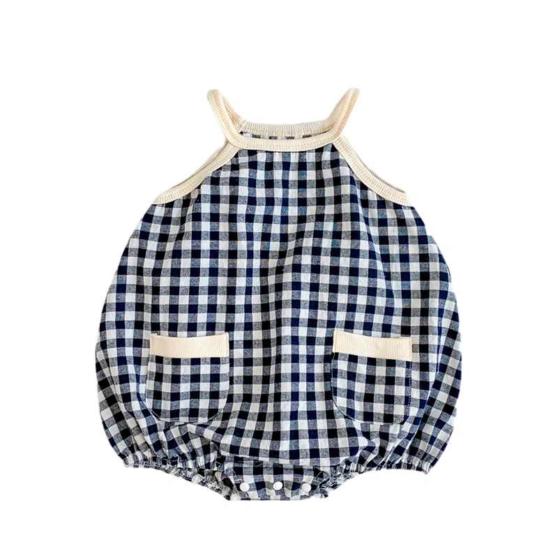 Baby Summer Plaid Romper Sleeveless Casual Playsuit with 2 Pockets