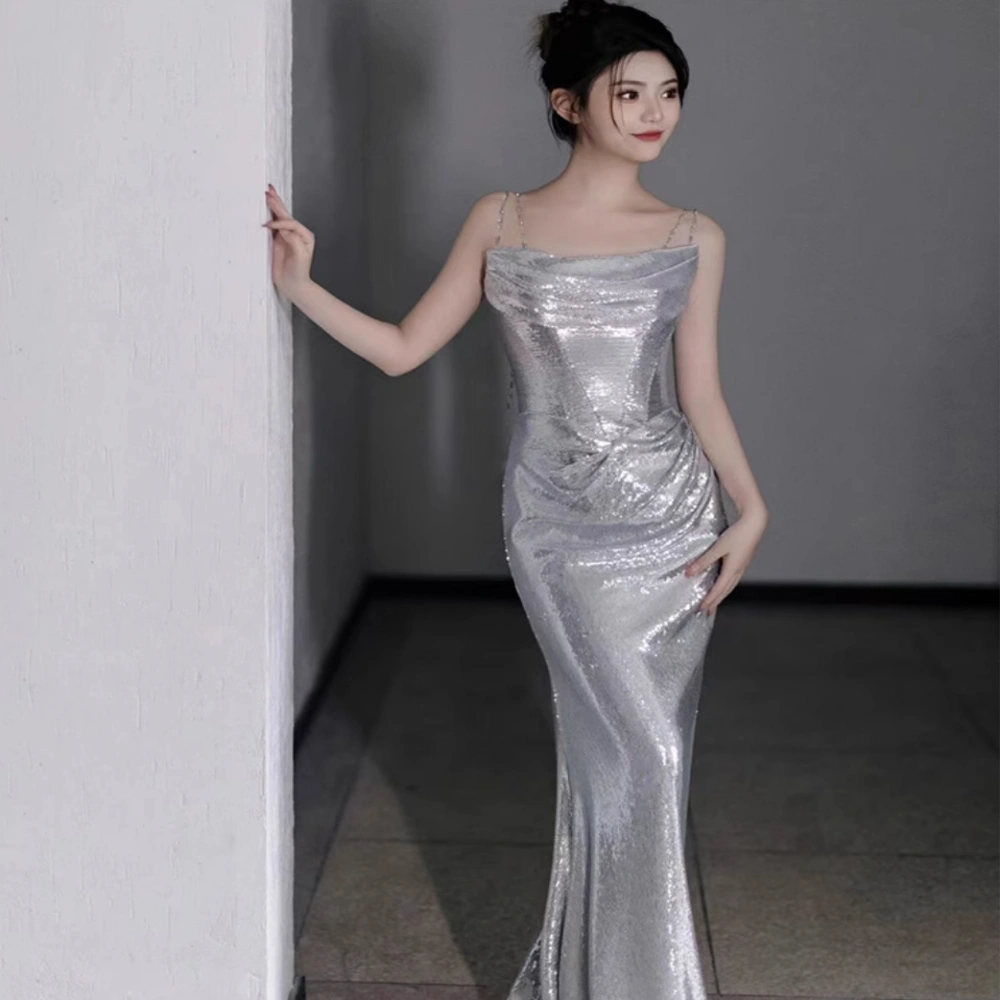 Bridal Sequined Silver Evening Dress With Sling For Host Banquet