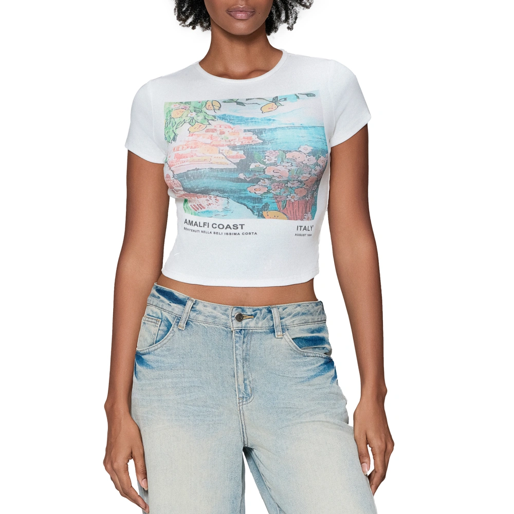 Womens Baby Tee Slim Graphic Print Showing Navel Cap Sleeve Crop Tops 