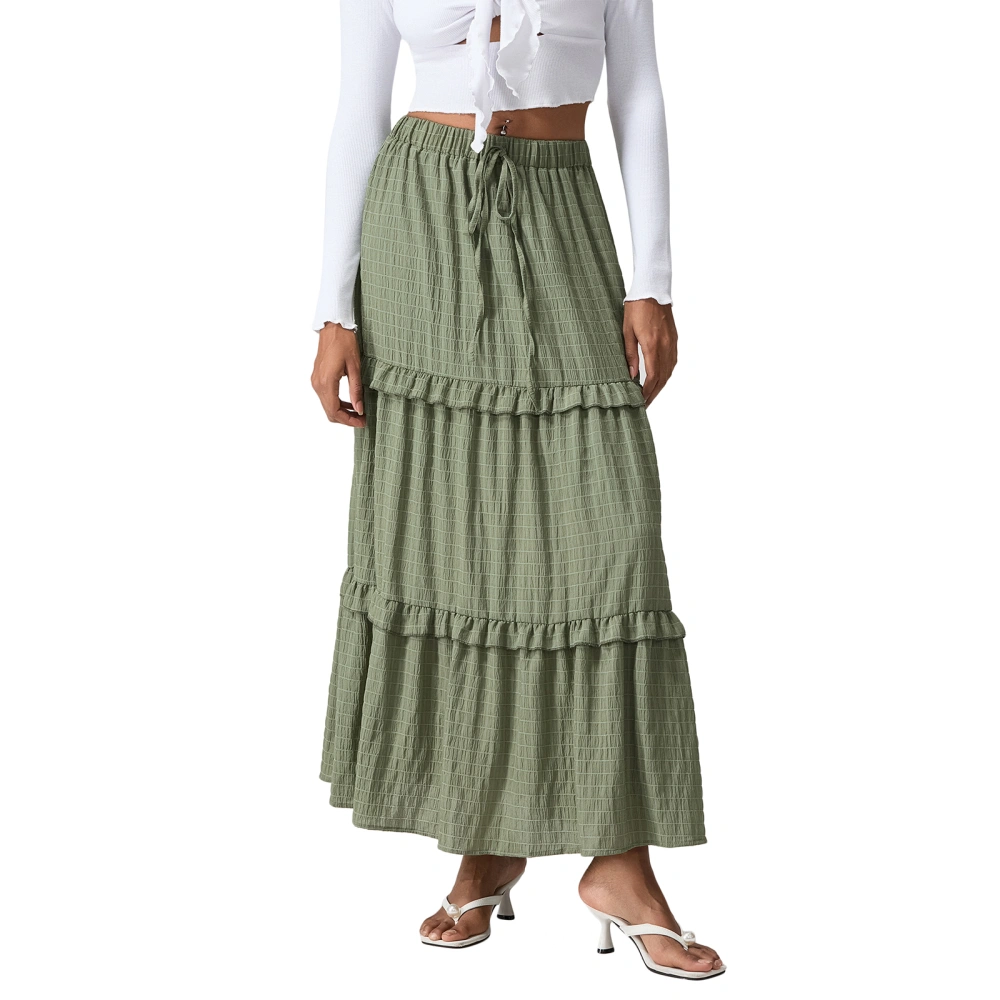 Women Long Tiered Ruffled Skirt Frill Trim Drawstring A-Line Skirt 