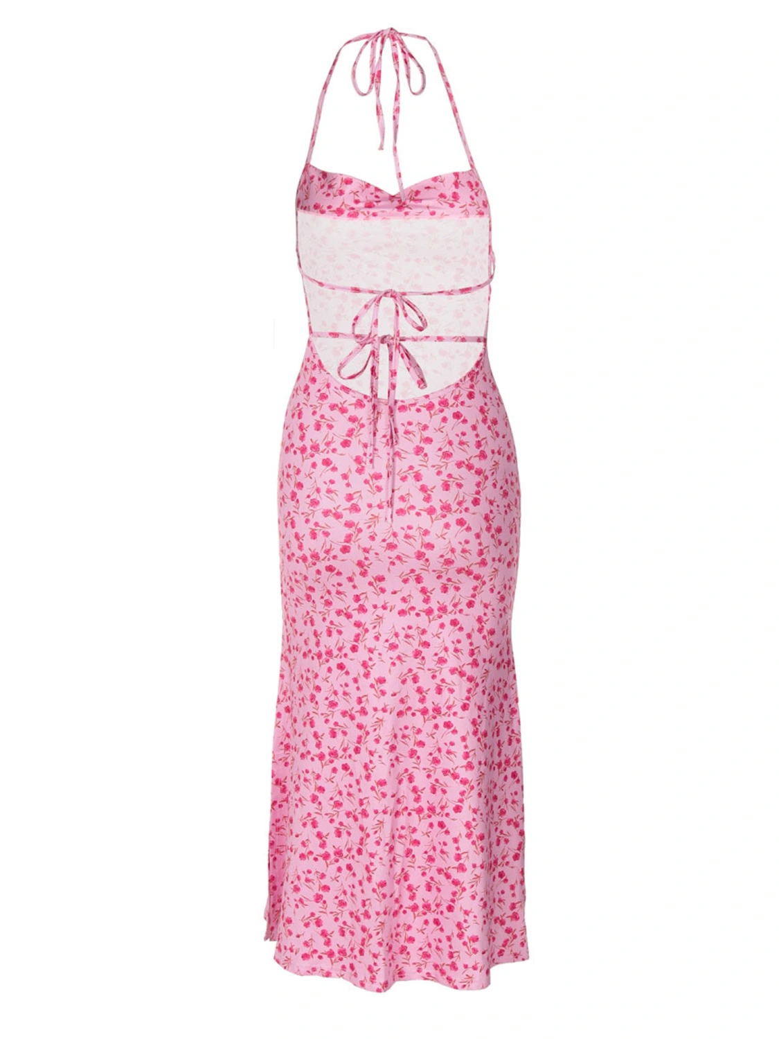 Women Halter Neck Dress Casual Floral Print Tie Backless Split Dress
