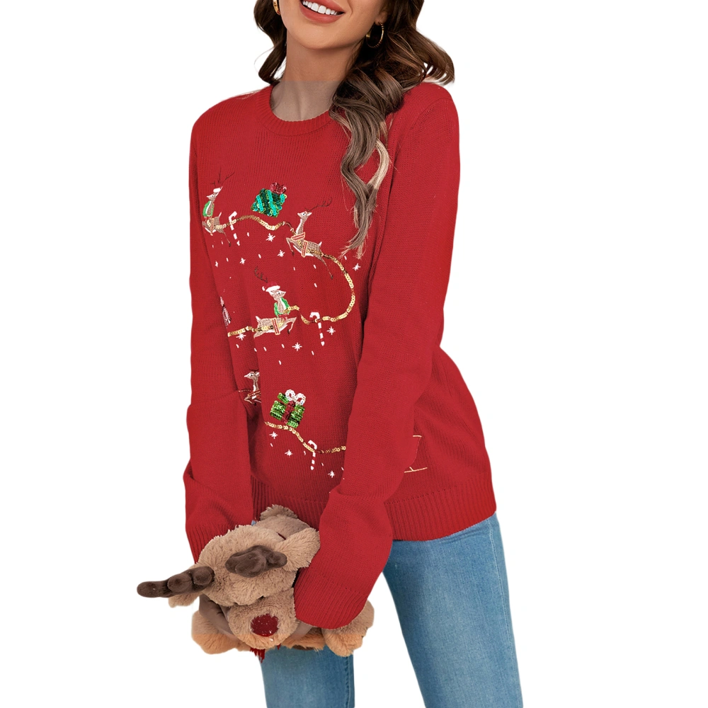 Women Christmas Sweater Long Sleeve Sequined Reindeer Winter Pullover