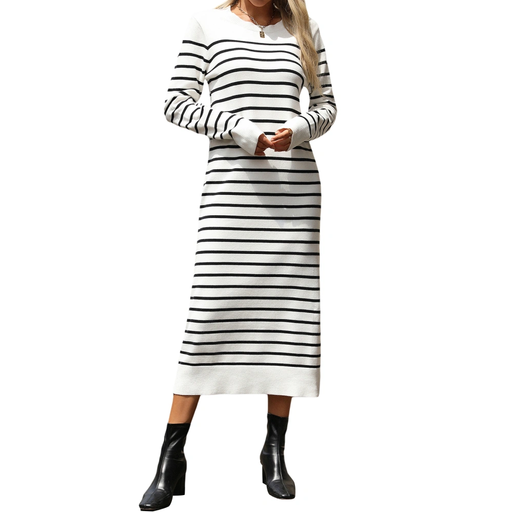 Womens Striped Knit Dress Fitted Round Neck Long Sleeve Midi Dress 