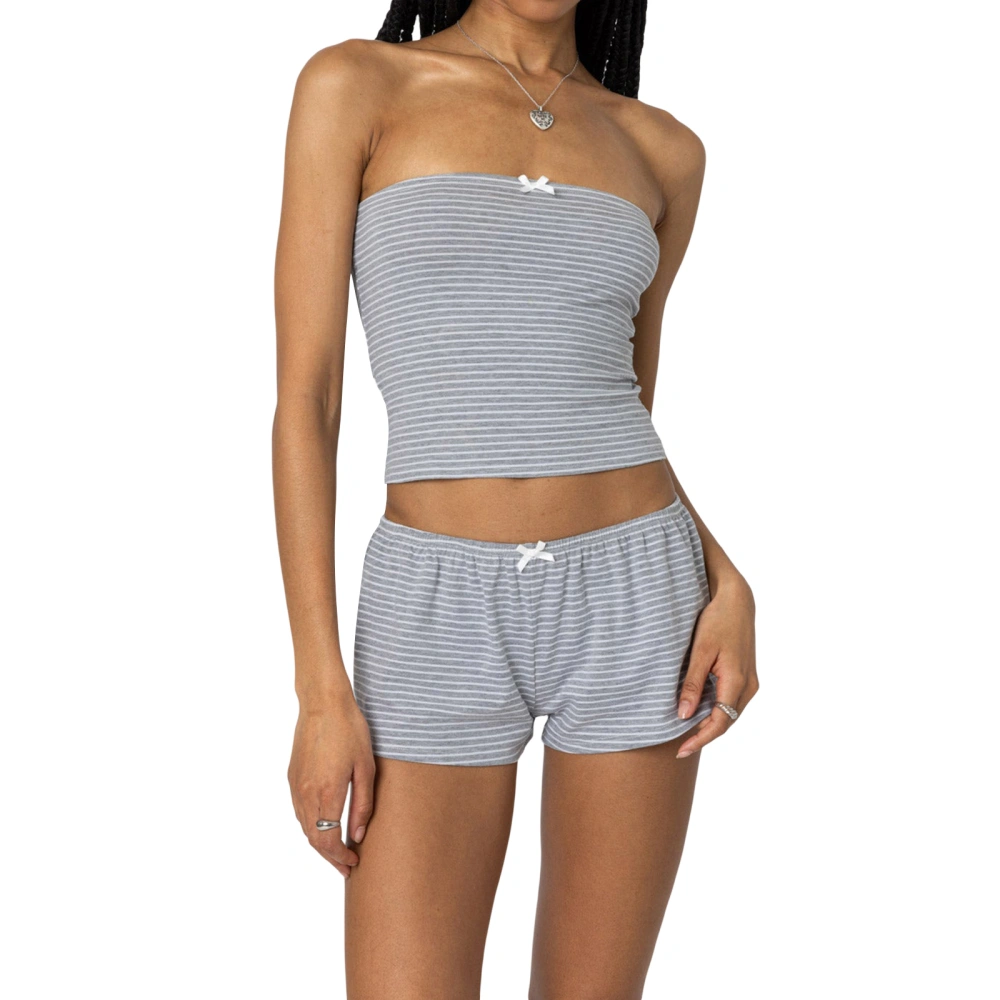 Women Pinstripes Bow Shorts Set Slim Fit Crop Tube Tops Shorts Outfit