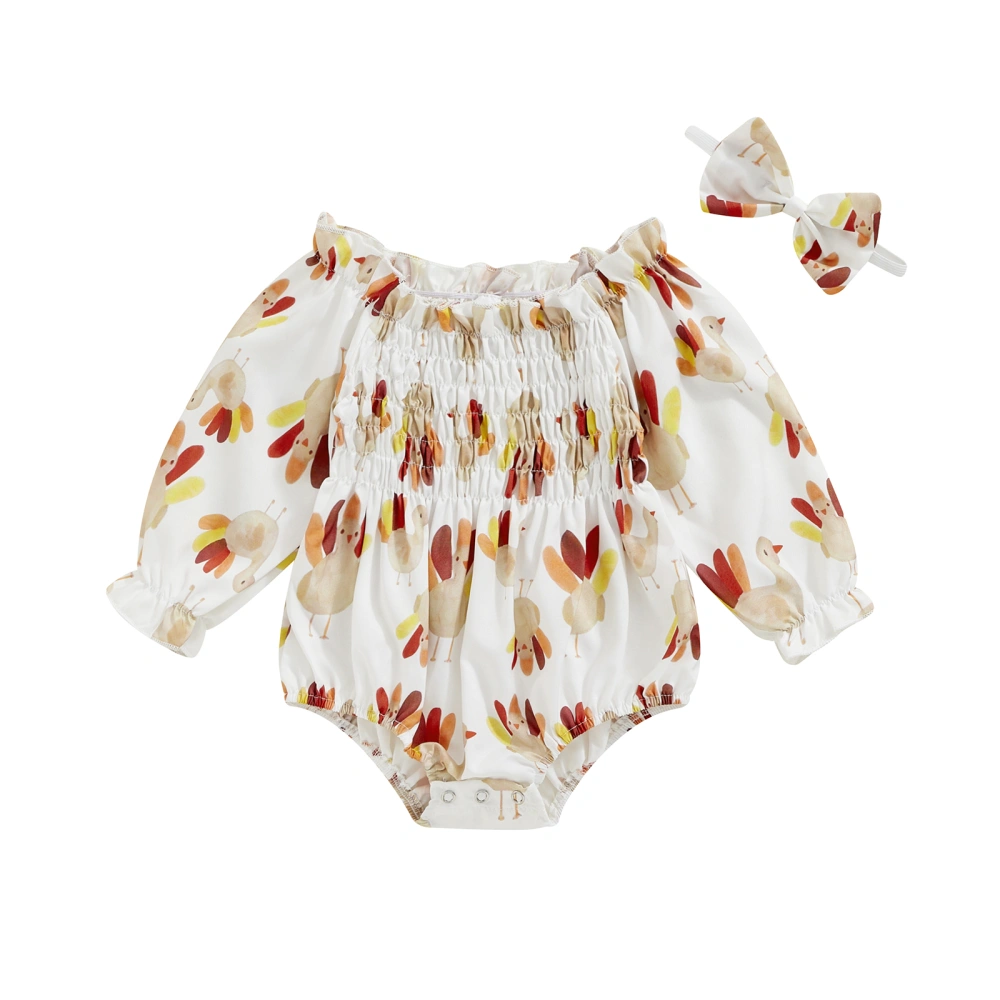 Baby Girls Thanksgiving Jumpsuits Turkey Print Romper and Headband