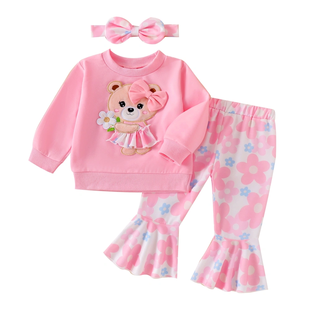 Toddler Girl Fall Outfits Bear Embroidered Sweatshirts Pants Headband