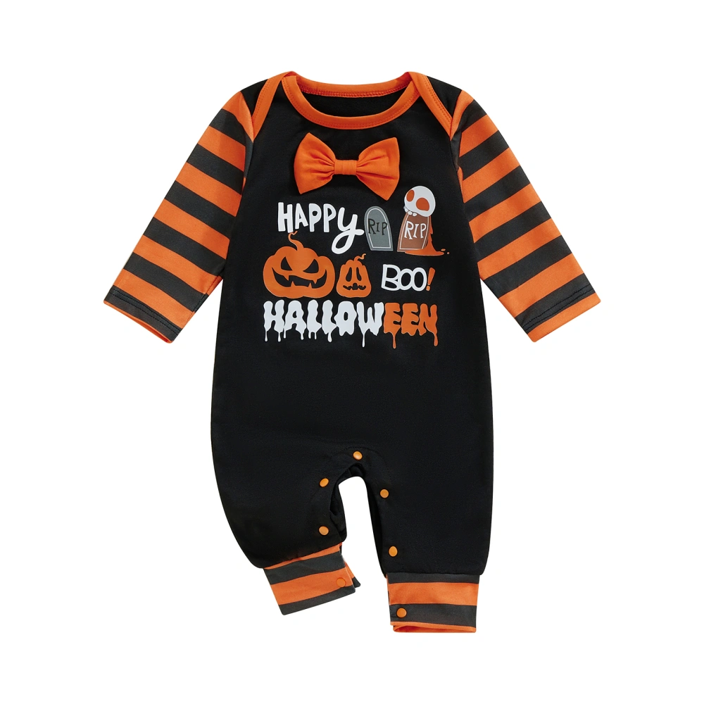 Baby Halloween Romper Pumpkin Print Stripe Long Sleeve Jumpsuit