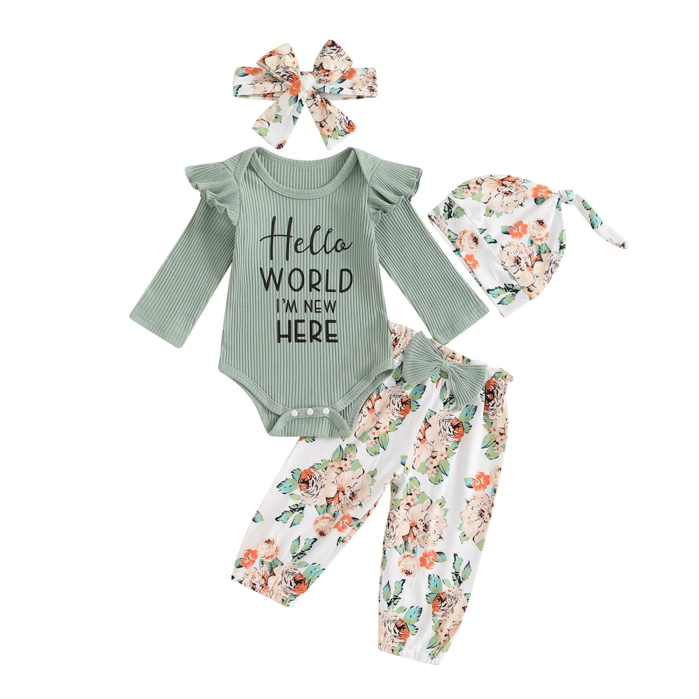 Baby Girls Fall Outfit, Letters Print Romper Flower Pants Headband Hat