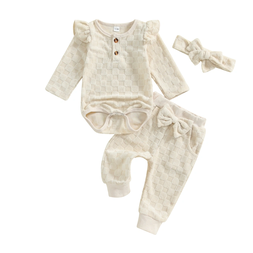 Baby Girl Set Checkered Button Ruffled Romper Bow Pant Hairband Outfit