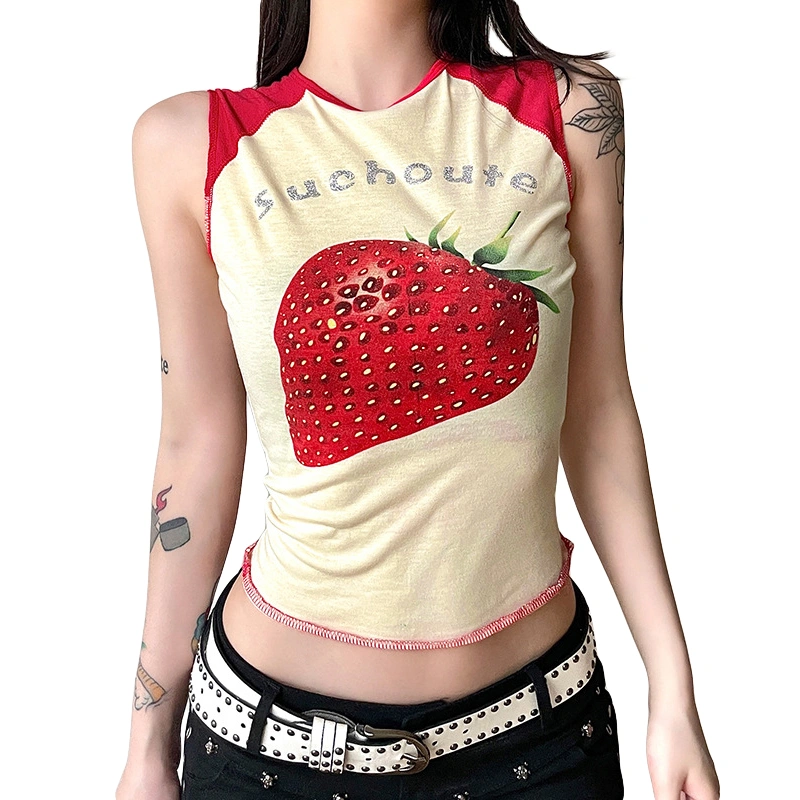 Women Tank Tops Patchwork Letter Strawberry Print Casual Vests