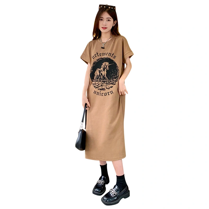 Women Beach Dress Short Sleeve Round Neck Pattern Print T-shirt Dress