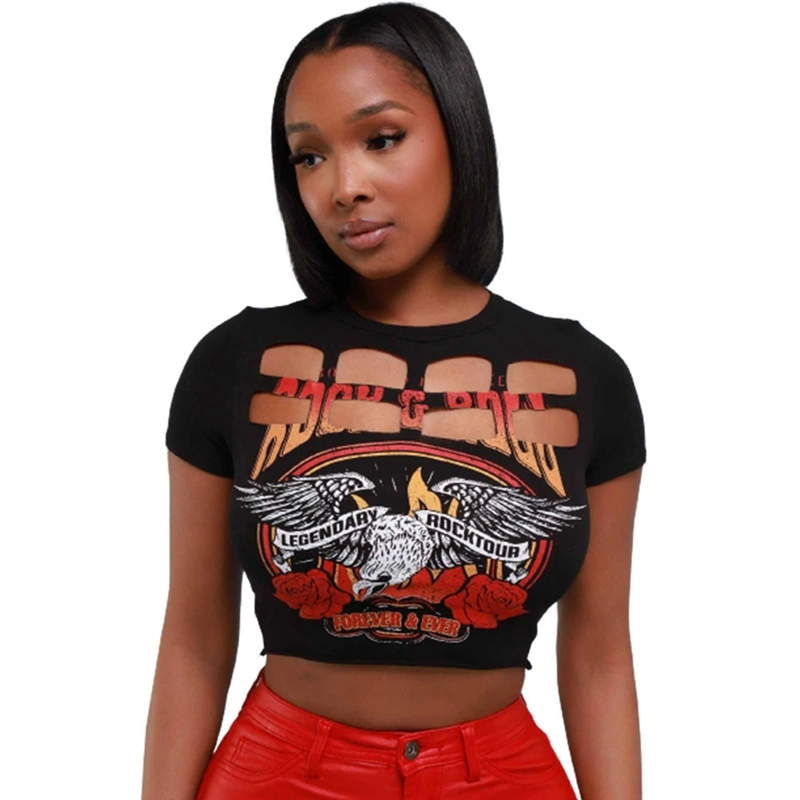 Women Crop Tops Hollow-Out Rose Letter Eagle Print Casual T-Shirt