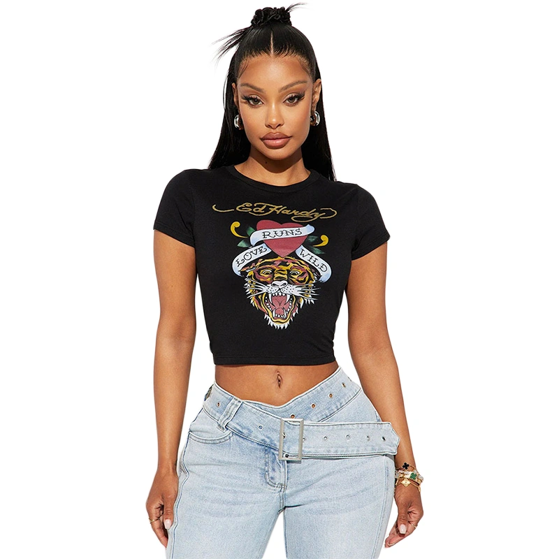 Women's Cropped Tops Cute Tiger Print Short Sleeve Baby Tees